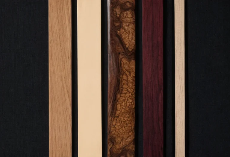 Fine furniture wood sample boards on dark linen: oak, pale maple, walnut burl, rosewood and quarter-sawn white oak