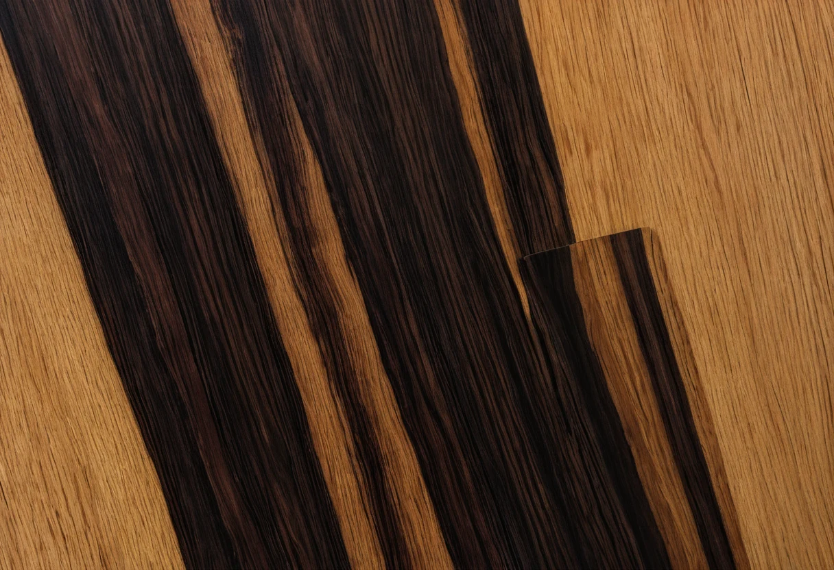 Macro of Makassar ebony veneer with dramatic alternating black and tan stripes under raking light