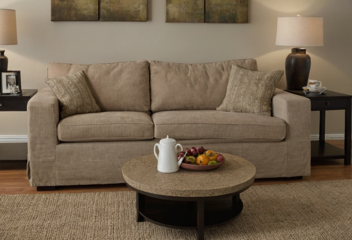 How much space should sit between the sofa, chairs, coffee table, and side tables editorial visual