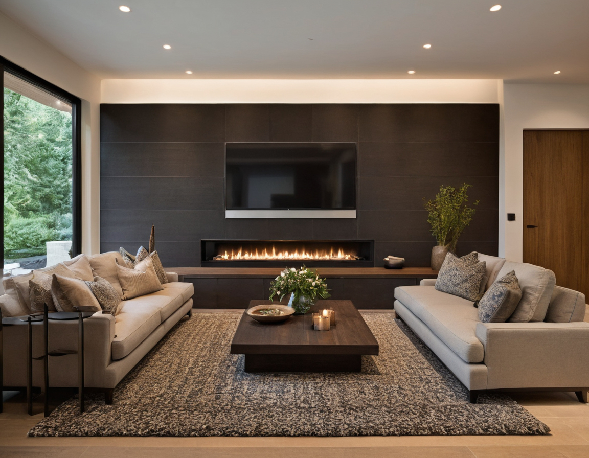 What rug and media unit sizes make the furniture group feel planned shown in a luxury residential interior